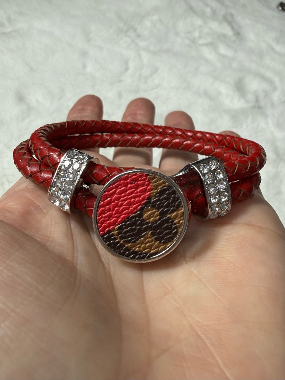 Louis Vuitton upcycled Red Braided Leather Bracelet with LV polka dots Medallion